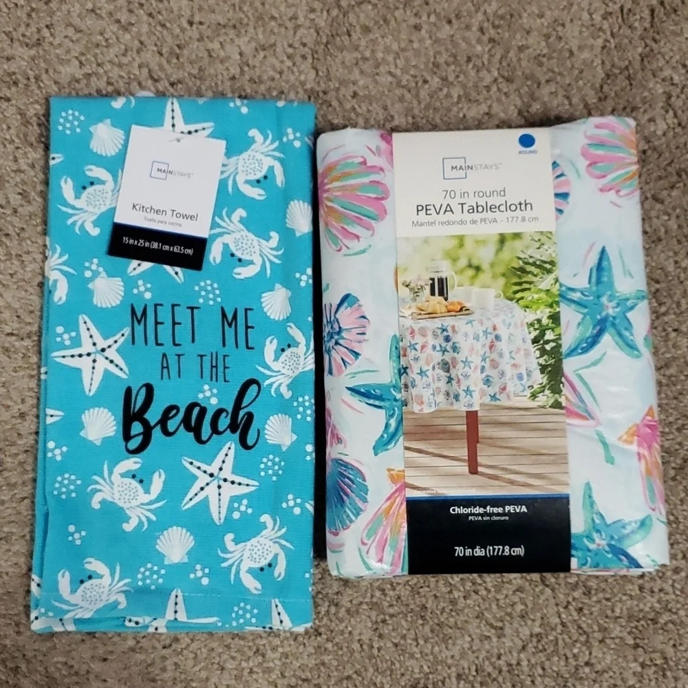 Kitchen PEVA Tablecloth & Kitchen Towel Sealife Beach 70 in. Round